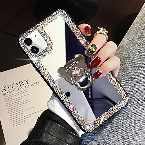 LUVI Kompatibel mit iPhone 12 Mini Diamant Glitzer Hülle Make-up Spiegel mit Ring Halter Ständer Bling Strass Kristall süß für Frauen Mädchen mit Finger Grip Case 5.4 Zoll Silber von LUVI