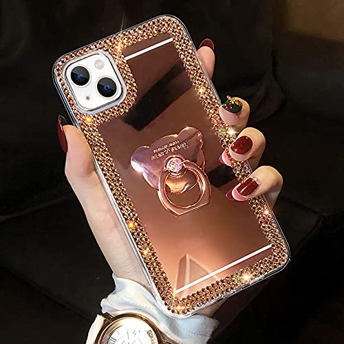 LUVI Kompatibel mit iPhone 14 Plus Spiegel Hülle Niedlich für Frauen Mädchen Bling Glitzer Diamant Strass mit Ringhalter Loopy Finger Grip Kickstand Ständer Cover Luxus Mode Handyhülle Rose Gold von LUVI