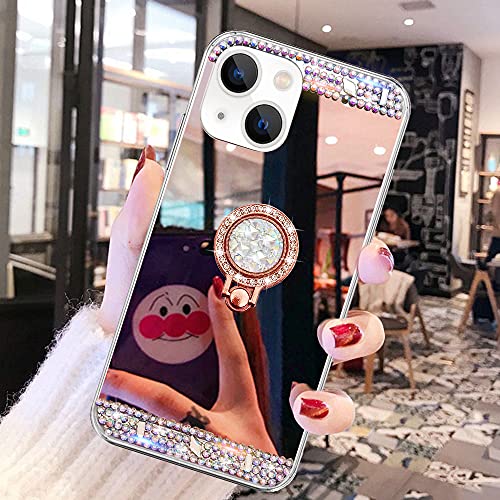 LUVI Kompatibel mit iPhone 15, Make-up-Spiegel-Hülle, Bling Diamant, Glitzer, Strass mit Ringhalter, Ständer, Kickstand, Loopy Griff, niedlich für Mädchen und Frauen, Hülle für iPhone 15, Roségold von LUVI