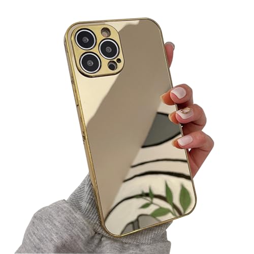 LUVI Kompatibel mit iPhone 15 Pro Spiegel-Hülle, Make-up, luxuriös, glänzendes Glas, galvanisiert, Stoßfänger, schlank, ultradünn, Kameralinsenschutz, Gold von LUVI