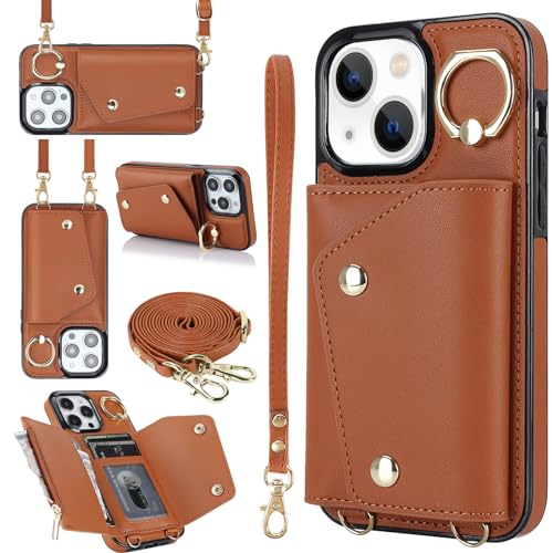 LUVI Kompatibel mit iPhone 15, Brieftaschen-Schutzhülle mit Kartenhalter, Umhängeband, Handschlaufe, Geldbörse für Damen, PU-Leder, Flip mit Kreditkartenständer, Ständer, Braun von LUVI