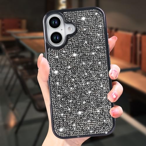 LUVI Kompatibel mit iPhone 16 Bling Diamant Hülle Glitzer für Frauen 3D Strass Kristall Glänzend Sparkly Schutzhülle mit Galvanik Bumper Luxus Mode Case Schwarz von LUVI