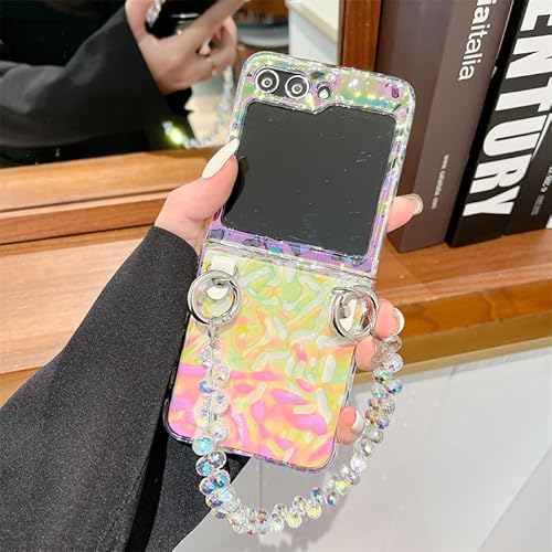 LUVI Niedliche Schutzhülle für Galaxy Z Flip 6, mit Kette, Kristall-Armband, glitzernd, holografischer Farbverlauf, Laser, 3D-Faltenschutz, stoßfeste Abdeckung für Frauen und Mädchen von LUVI