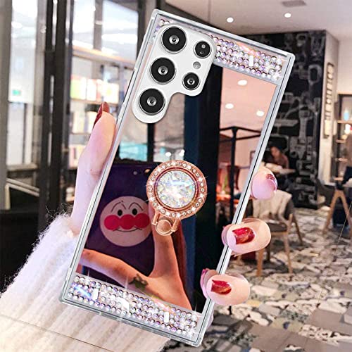 LUVI Schutzhülle für Galaxy S25 Ultra, Make-up-Spiegel, Strasssteine, mit Ringständer, Ständer, niedlich, für Mädchen und Frauen, mit Glitzersteinen, Ringhalter, Fingergriff, Roségold von LUVI