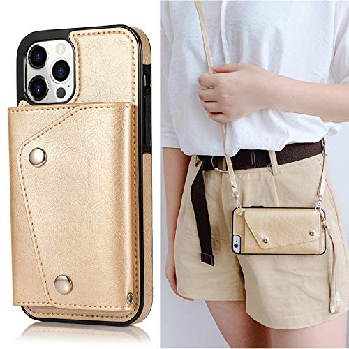 LUVI Schutzhülle für iPhone 12/iPhone 12 Pro, Brieftaschen-Design, Kartenhalter, Umhängeband, Handschlaufe, PU-Leder, mit Kreditkartenschlitz, Ständer, 15,5 cm, goldfarben LUVI Schutzhülle für iPhone 12/iPhone 12 Pro, Brieftaschen-Design, Kartenhalter, Umhängeband, Handschlaufe, PU-Leder, mit Kreditkartenschlitz, Ständer, 15,5 cm, goldfarben von LUVI