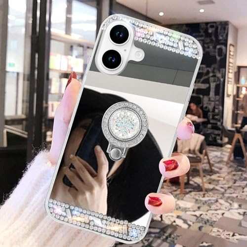 LUVI Schutzhülle für iPhone 16, Make-up, Spiegel, Glitzer, Strass, mit Ringhalter, Ständer, Griff, niedlich, für Mädchen und Frauen, silberfarben LUVI Schutzhülle für iPhone 16, Make-up, Spiegel, Glitzer, Strass, mit Ringhalter, Ständer, Griff, niedlich, für Mädchen und Frauen, silberfarben von LUVI