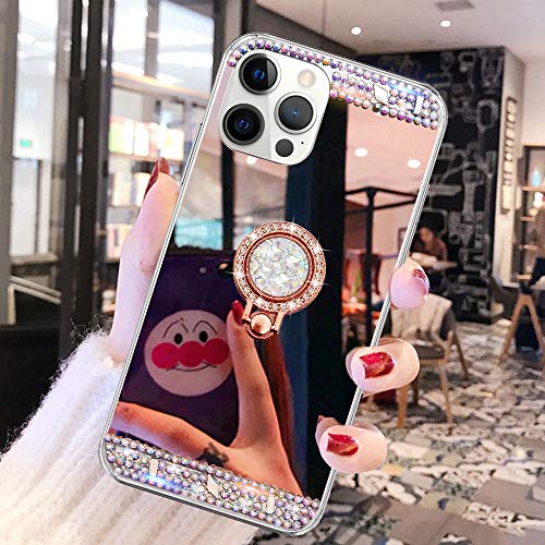 LUVI Schutzhülle für iPhone 16 Pro, Make-up-Spiegel, Glitzer, Strass, mit Ringhalter, Ständer, Griff, niedlich, für Mädchen und Frauen, Roségold von LUVI