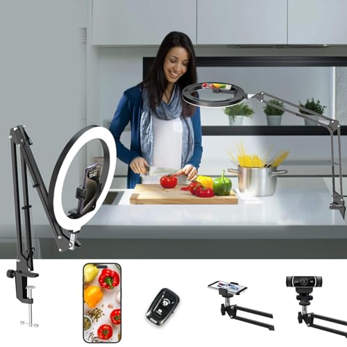 LUXSURE Ringlicht mit Stativ, Overhead Stativ Handy mit Ringlicht, Handy Stativ mit Ringlicht 10", Handy Stativ Tisch mit Ring Light Ringleuchte für Inhaltserstellung, Live-Stream, Videoaufzeichnung von LUXSURE