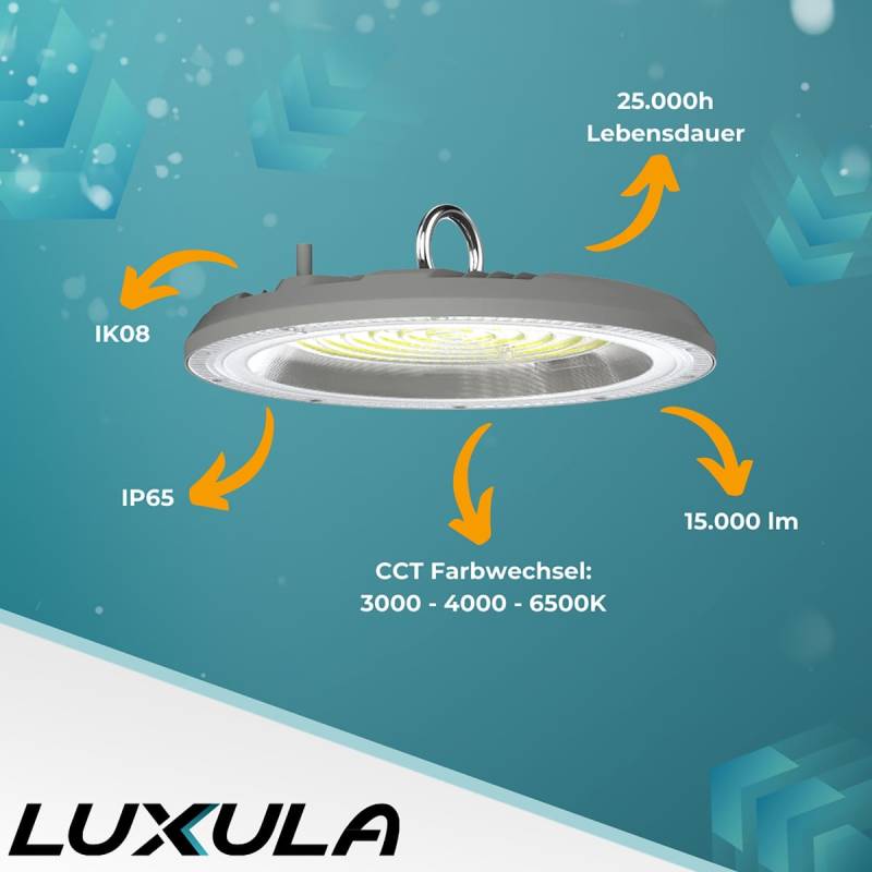 LUXULA LED-Hallenleuchte LX500136, HighBay, UFO, 150W, 15000lm, CCT, IP65 von LUXULA