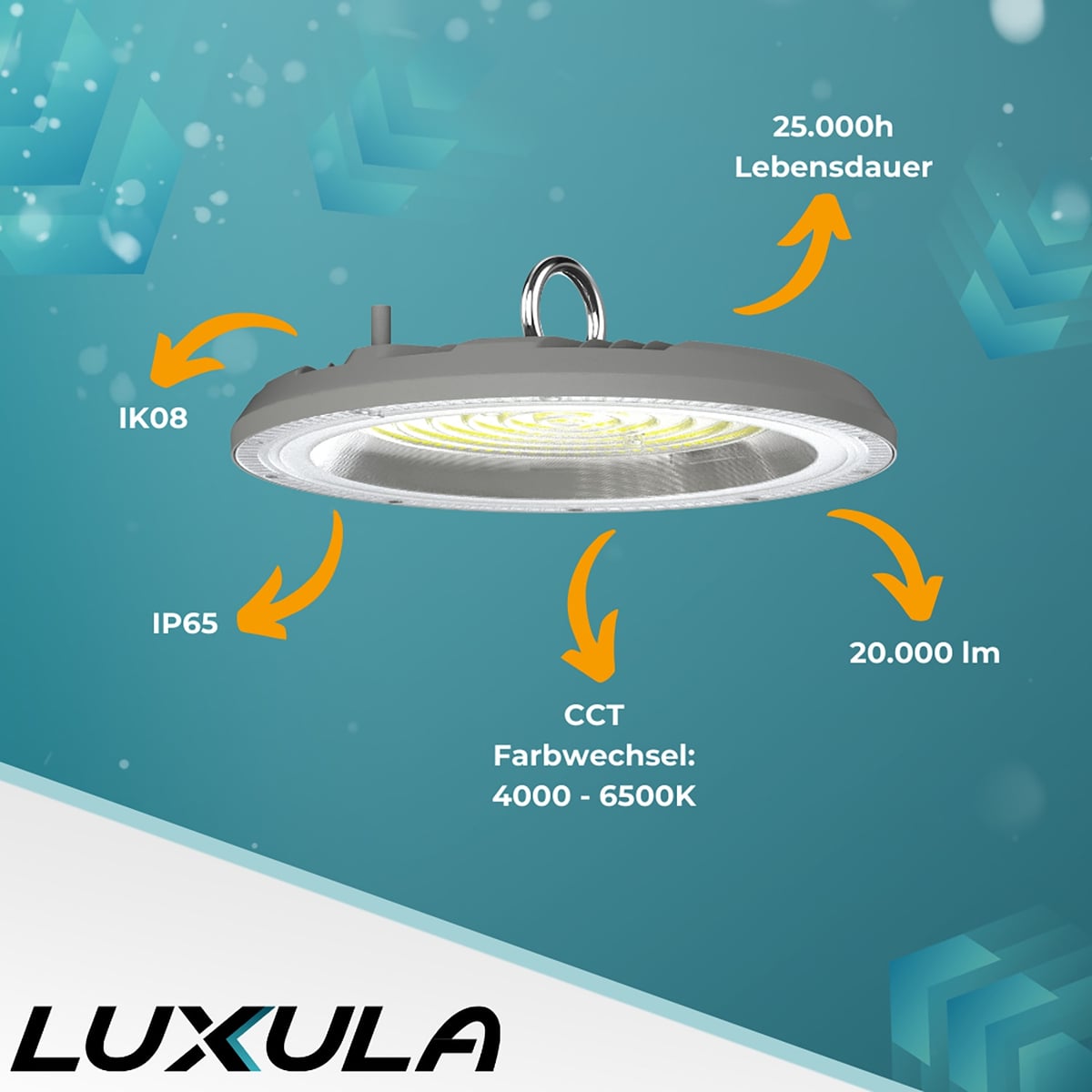 LUXULA LED-Hallenleuchte LX500137, HighBay, UFO, 200W, 20000lm, CCT, IP65 LUXULA LED-Hallenleuchte LX500137, HighBay, UFO, 200W, 20000lm, CCT, IP65 von LUXULA