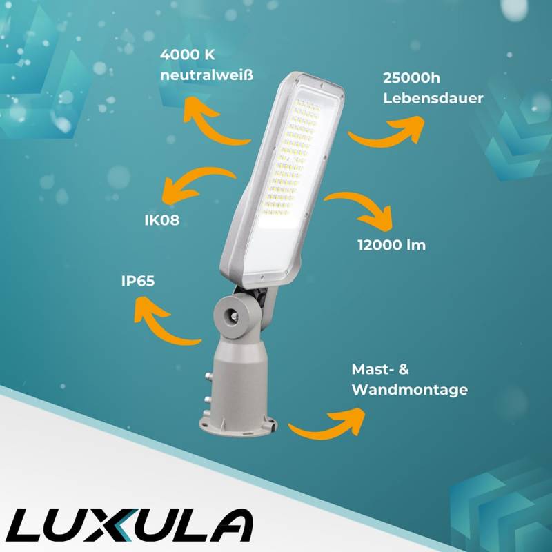 LUXULA LED-Straßenleuchte LX800101, 100W, 12000lm, 4000K, neutralweiß, IP65 von LUXULA
