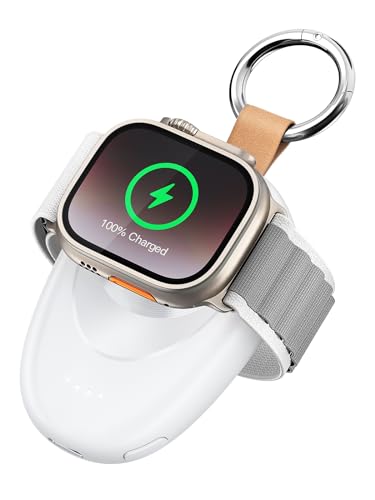 LVFAN Tragbares Ladegerät für Apple Watch, 1400mAh Powerbank für iWatch, magnetischer Reise-Schlüsselanhänger, kabelloses Ladegerät für Apple Watch Serie 9/8/7/6/5/4/3/2/SE 2/Ultra 2 – Weiß von LVFAN