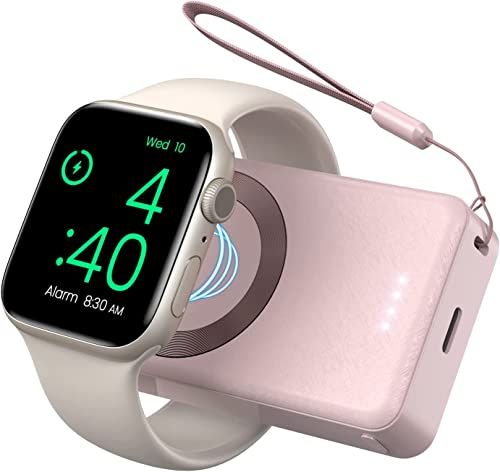LVFAN Wireless Ladegerät für Apple Watch, 4000 mAh Magnetisches USB-C Ladegerät für iWatch, Kabelloses Power Bank Akku für Apple Watch Serie 8 7 6 5 4 3 2 1 SE Ultra - Rosa von LVFAN