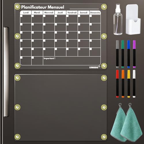 LVNRIDS 2 Stück Magnetisch Kalender Monatsplaner und Memotafel Abwischbar Kühlschrank auf Französisch, 42 x 30cm Acryl Magnettafel Kalender für Kühlschrank, Acryl Transparent Planungstafeln von LVNRIDS
