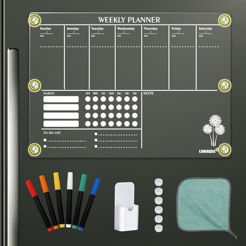 LVNRIDS Magnetisch Kalender Wochenplaner Abwischbar Kühlschrank, 16.5 x 12 inch Acryl Magnettafel Kalender für Kühlschrank, Acryl Transparent Planungstafeln mit 6 farbigen Markern von LVNRIDS