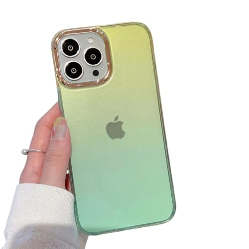 LVVLBBT Farbverlauf-Glitzer-Handyhülle für iPhone 16 15 14 13 12 11 Pro Max Plus Mini, transparente Stoßstangenabdeckung (für iPhone 12/Grün Gelb) von LVVLBBT