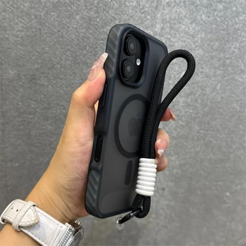 LVVLBBT Mattes magnetisches Gehäuse für iPhone 16 15 14 13 Pro Max Plus mit Armband-Lanyard, transparente, Harte kabellose Ladeabdeckung (für iPhone 16 Pro/Schwarz gs15) von LVVLBBT