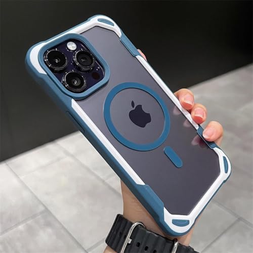 LVVLBBT Stoßfeste magnetische Hülle für iPhone 16 15 14 13 12 11 Pro Max, transparente Hard Bumper Wireless Charger Cover (für iPhone 15 Pro/Marineblau) von LVVLBBT