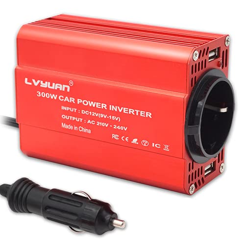 LVYUAN 300W Wechselrichter DC 12 V auf 230V AC Spannungswandler Auto Konverter mit Dual USB Ports & EU-Steckdosen Kfz-Ladegerät-Adapter Stromumwandler, Rot Aluminiumlegierung Körper von LVYUAN