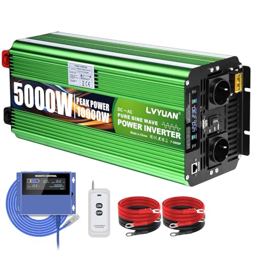 LVYUAN 5000W/10000W Wechselrichter 12V 230V Reiner Sinus Spannungswandler mit drahtloser Fernbedienung und LCD Kabelfernbedienung, für Wohnmobile, LKWs, Boote, Camping, Notstromversorgung von LVYUAN