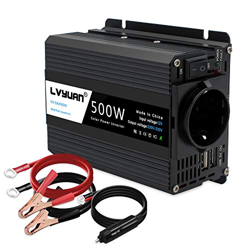 LVYUAN 500W Wechselrichter DC 12 V auf 230V AC Spannungswandler Auto Konverter 12 V mit Dual USB Ports & EU-Steckdosen Kfz-Ladegerät-Adapter von LVYUAN