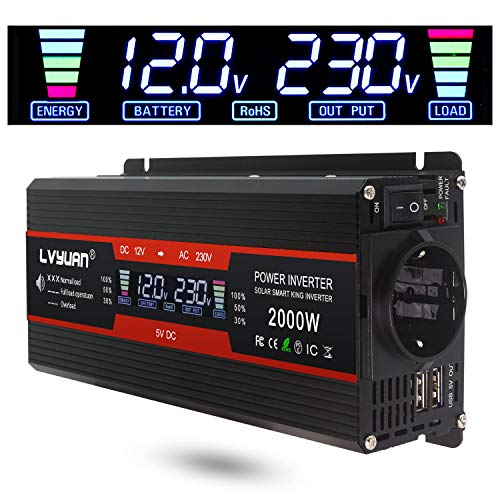 LVYUAN Spannungswandler 12V 230V 1000W / 2000W Wechselrichter LCD mit 2 USB von LVYUAN