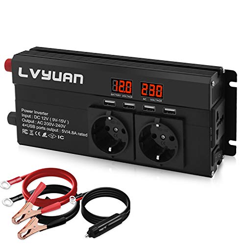 LVYUAN Spannungswandler 12V 230V 800W / 1600W Wechselrichter mit 3 Steckdose und 4 USB LED Spannungsanzeige von LVYUAN