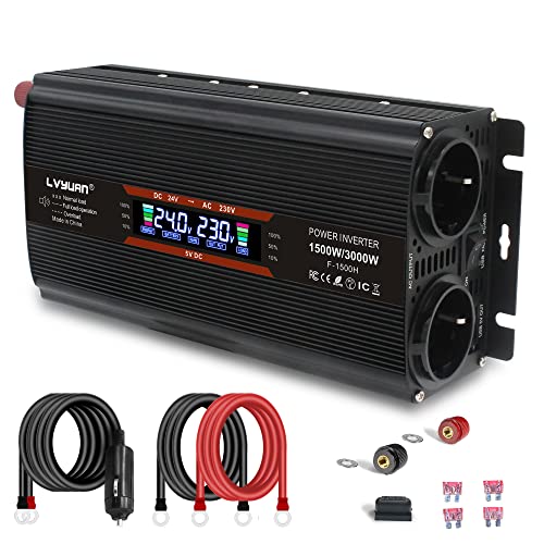 LVYUAN Spannungswandler 24V 230V 1500W/ 3000W Wechselrichter Stromwandler mit 4 Sicherungen, LCD Bildschirm, 2 EU Steckdose, Lüfter und 5V USB Anschlüsse inkl Kfz Zigarettenanzünder Stecker, Schwarz von LVYUAN