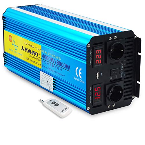 LVYUAN Wechselrichter 4000W /8000W Reiner Sinus Spannungswandler 12V 230V KFZ Umwandler Stromwandler Konverter mit Fernbedienung, 2 LED, 2 Steckdose und USB von LVYUAN