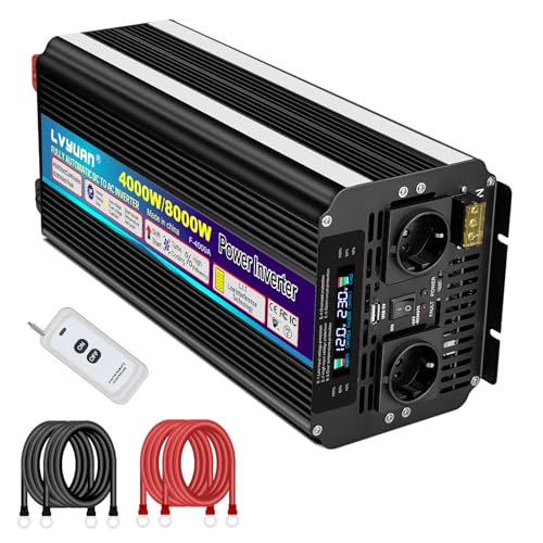 Wechselrichter 12V 230V 4000W /8000W Spannungswandler mit drahtloser Fernbedienung, 2 Steckdose 1 USB und LED-Display von LVYUAN