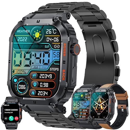 Smartwatch für Herren, 1.96 Zoll Touch-Farbdisplay mit Bluetooth Anrufe,Fitnessuhr mit SpO2 Blutdruckmessung Herzfrequenz Schrittzähler Schlafmonitor, Militärische Fitnessuhr für iOS Android (Schwarz) von LWEARKD