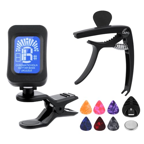 LWMTT Kapodaster für Gitarre, Stimmgerät Gitarre, 6 Stück Plektren Gitarre mit Pick Halter, Zubehör für E-Gitarre, Bassgitarre, Geige, Ukulele, Akustikgitarre von LWMTT