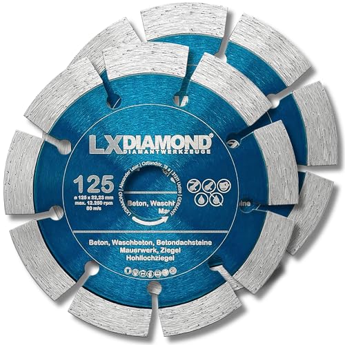 LXDIAMOND 2x Diamant-Trennscheibe 125mm x 22,23mm für Beton Stein Mauerwerk - passend für Winkelschleifer Schlitzfräse Mauernutfräse - 12mm Segment - Diamantscheibe 125 mm - in Profi Qualität von LXDIAMOND