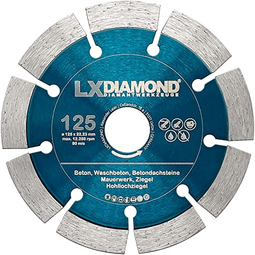 LXDIAMOND Diamant-Trennscheibe 125mm x 22,23mm für Beton Stein Mauerwerk - passend für Winkelschleifer Schlitzfräsen Mauernutfräse - 12mm Segment - Diamantscheibe 125 mm - in Profi Qualität LXDIAMOND Diamant-Trennscheibe 125mm x 22,23mm für Beton Stein Mauerwerk - passend für Winkelschleifer Schlitzfräsen Mauernutfräse - 12mm Segment - Diamantscheibe 125 mm - in Profi Qualität von LXDIAMOND
