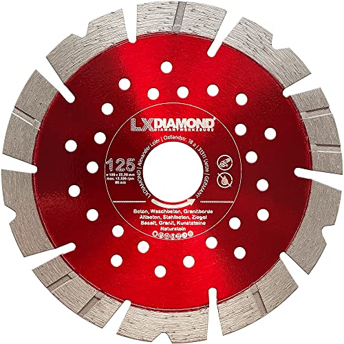 LXDIAMOND Diamant-Trennscheibe 125mm x 22,23mm- geeignet für Stein Ziegel Granit Stahlbeton Naturstein Beton - Diamantscheibe 125 mm für Mauernutfräsen/Winkelschleifer - in Premium Qualität LXDIAMOND Diamant-Trennscheibe 125mm x 22,23mm- geeignet für Stein Ziegel Granit Stahlbeton Naturstein Beton - Diamantscheibe 125 mm für Mauernutfräsen/Winkelschleifer - in Premium Qualität von LXDIAMOND