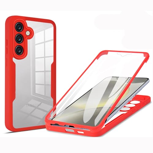 LXHGrowH Hülle für Samsung Galaxy S24 5G, 360 Grad Ganzkörper Stoßfest Handyhülle, Kratzfest Schutzhülle mit Eingebauter Displayschutzfolie, Case Dual - [Transparent+Rot] von LXHGrowH