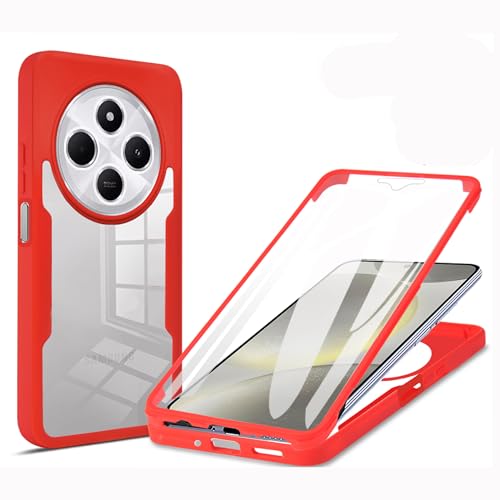 LXHGrowH Hülle für Xiaomi Redmi 14C / Poco C75, 360 Grad Ganzkörper Stoßfest Handyhülle, Kratzfest Schutzhülle mit Eingebauter Displayschutzfolie, Case Dual - [Transparent+Rot] von LXHGrowH