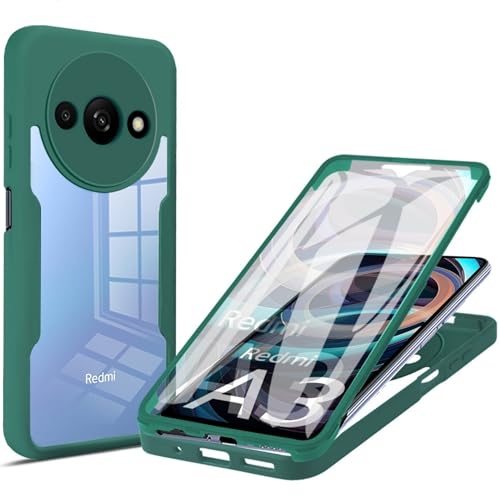 LXHGrowH Hülle für Xiaomi Redmi A3, 360 Grad Ganzkörper Stoßfest Handyhülle, Kratzfest Schutzhülle mit Eingebauter Displayschutzfolie, Case Dual - [Transparent+Grün] von LXHGrowH