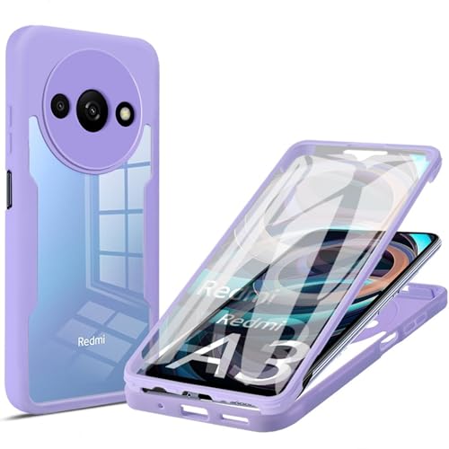 LXHGrowH Hülle für Xiaomi Redmi A3, 360 Grad Ganzkörper Stoßfest Handyhülle, Kratzfest Schutzhülle mit Eingebauter Displayschutzfolie, Case Dual - [Transparent+Lila] von LXHGrowH
