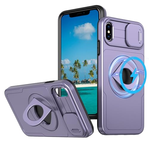 LXHGrowH Schutzhülle für iPhone XS/iPhone X, kompatibel mit MagSafe, Militärqualität, 360° drehbar, magnetischer Ständer, mit verschiebbarem Kameraschutz, Violett von LXHGrowH
