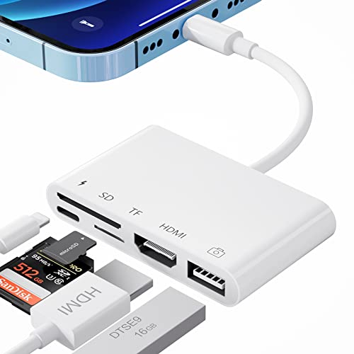Lighting auf HDMI USB Adapter, 5 in 1 iPhone HDMI USB Adapter und SD/TF/Kamera Adapter, iPhone HDMI Adapter mit Ladeanschluss, SD Kartenleser für iPhone 14/13/12/11/MIDI-Tastatur/Projektor/TV von LXJADAP