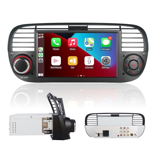 Autoradio kompatibel mit drahtlosen Carplay/Android Auto für FIAT 500 2007-2015 mit Hohe Ausgangsleistung IPS -Touchscreen/Bluetooth/Mirror Link/FM/AM/USB Schwarze Farbe von LXKLSZ