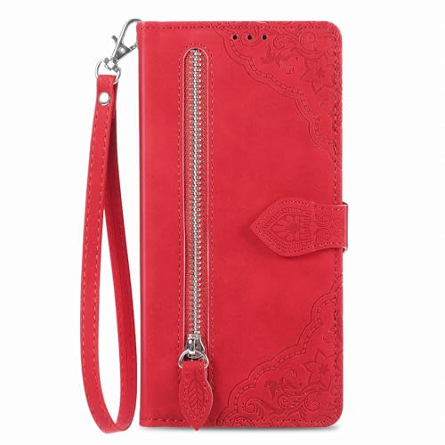 LXURY Geldbörse Hülle für Samsung Galaxy S24 Ultra/S24 Plus/S24, Klapp Leder Handyhülle mit Kartenfächern Magnetverschluss Handytasche,Rot,S24 Ultra von LXURY