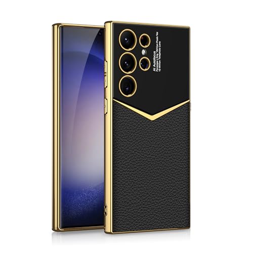 LXURY Hülle Ultradünne für Samsung Galaxy S24 Ultra/S24 Plus/S24, Galvanisierte PU Leder Handyhülle mit Kamera Schutz Kabelloses Laden Hülle,Schwarz,S24 Ultra von LXURY