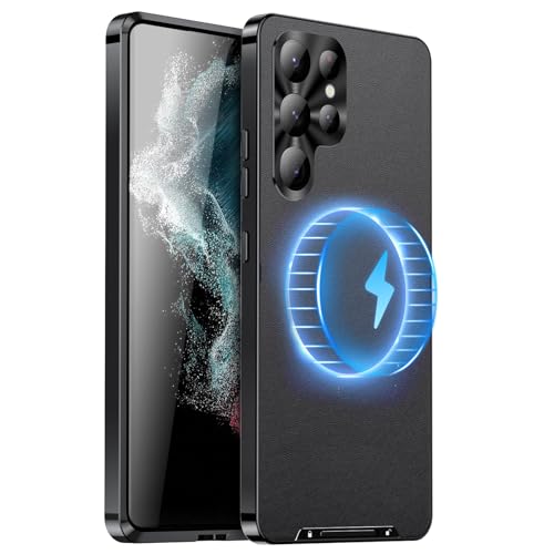 LXURY Magnetische Hülle für Samsung Galaxy S24 Ultra, Ultradünne Leder Hülle Support Kabelloses Laden Metall Grenze Handyhülle,Schwarz,S24 Ultra von LXURY