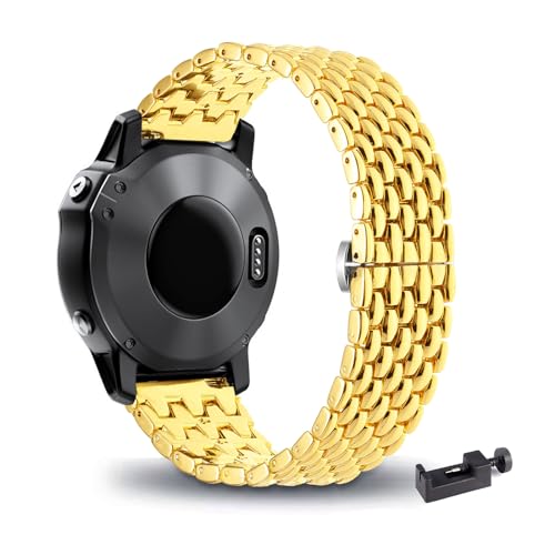 Metall Armband für Garmin Fenix 7X/7X Solar/7X Sapphire Solar Armbänder mit Edelstahl Verstellbare Schmetterlingsschnalle Damen Herren Classic Ersatzarmband mit Garmin Fenix 7X Uhrenarmband (Gold) von LXURY