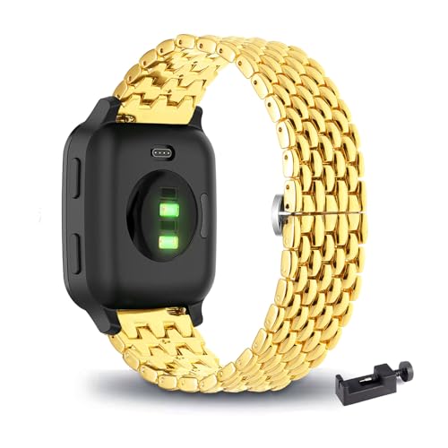 Metall Armband für Garmin Venu Sq/ Venu Sq Music Armbänder mit Edelstahl Verstellbare Schmetterlingsschnalle für Damen Herren Classic Ersatzarmband mit Garmin Venu Sq/Sq Music Uhrenarmband (Gold) von LXURY