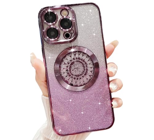 LY&SASIF Entworfen für magnetische iPhone 13 Pro Max Hülle [kompatibel mit MagSafe], niedliches Glitzer-Blumenmuster, transparente Handyhülle für Frauen und Mädchen, glitzernde Beschichtung, weiches von LY&SASIF