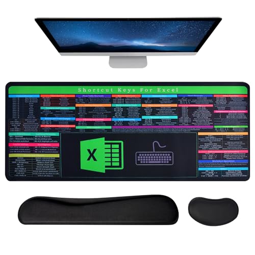 Excel Shortcut-Mauspad-Set – Große 3-in-1-Schreibtischunterlage (80,8 x 30 cm) mit Tastatur und Maus, Handgelenkauflage, ergonomische, rutschfeste Büromatte für Heimcomputer, Multispandex und Gummi von LYASILYHS