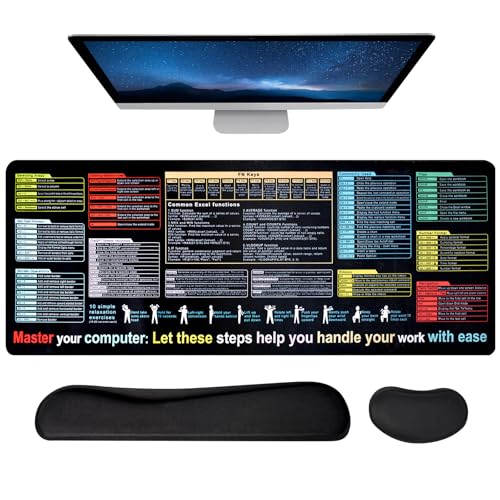 Mauspad-Set – Große 3-in-1-Schreibtischunterlage (80,8 x 30 cm) mit Tastatur und Maus, Handgelenkauflage, ergonomische, rutschfeste Büromatte mit gängigen Computer-Shortcuts für Heimcomputer von LYASILYHS